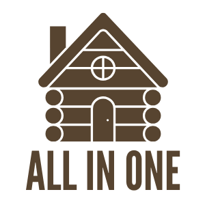 Logo of log cabin in dark brown colour using logs to highlight doors and window with the text "All In One' beneath it