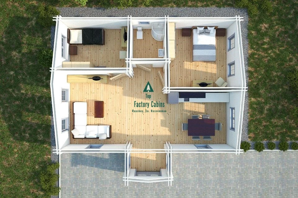 Over head view of cabin showing room layouts