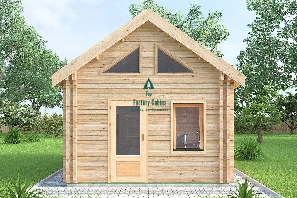 Pale wood cabin exterior front facing