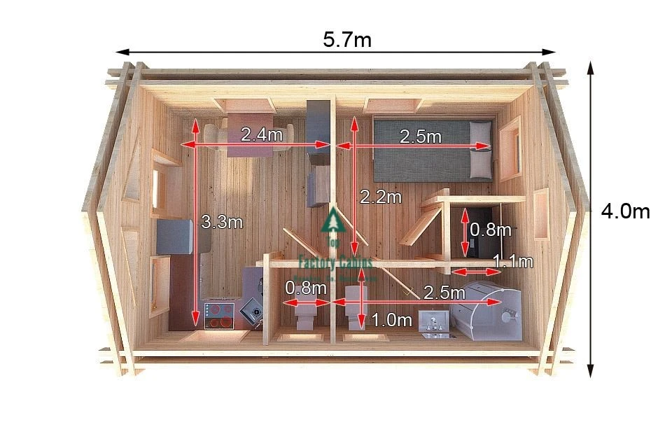 Pale wood cabin interior over head measurements