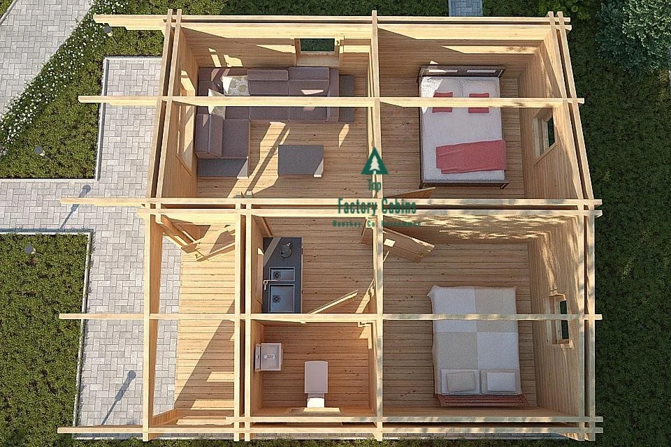 Top down view of cabin showing all rooms