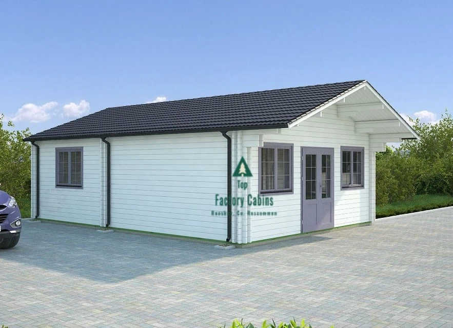 White wood cabin exterior side facing main door showing back window